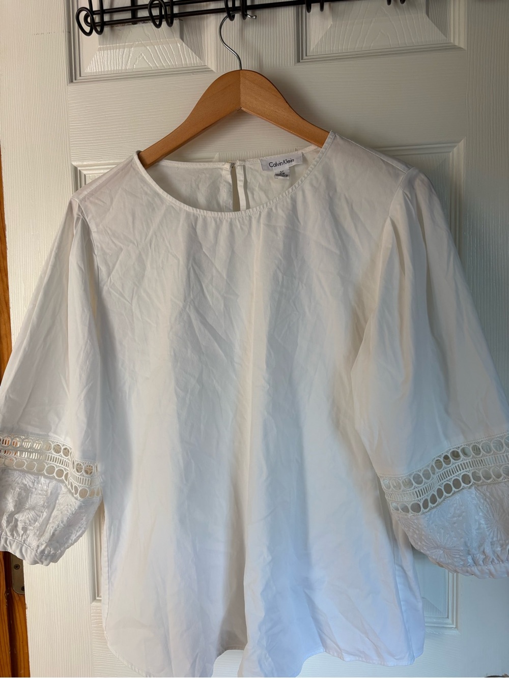 Calvin Klein White Eyelet Embroidered Sleeve Blouse Size L